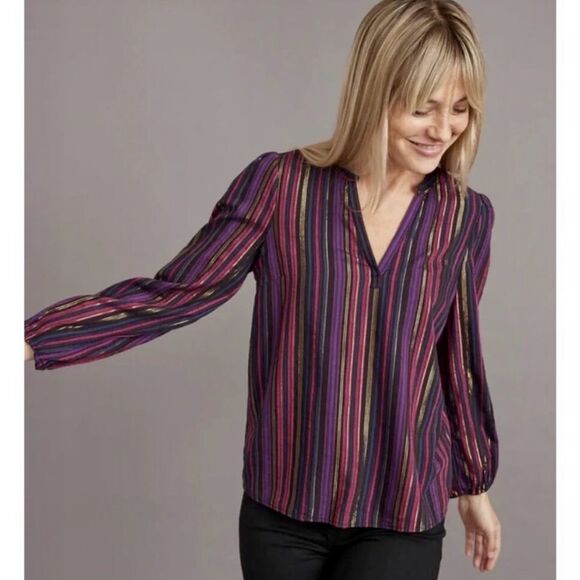 Marine Layer Jamie Banded Collar Top in Lurex Multi Stripe Size M - Picture 1 of 12